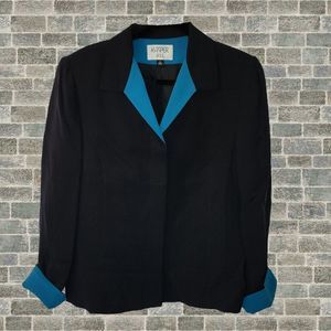 Kasper ASL 100% Silk Two Tone Black Blue Green Accent Skirt Suit 2 Piece Size 12